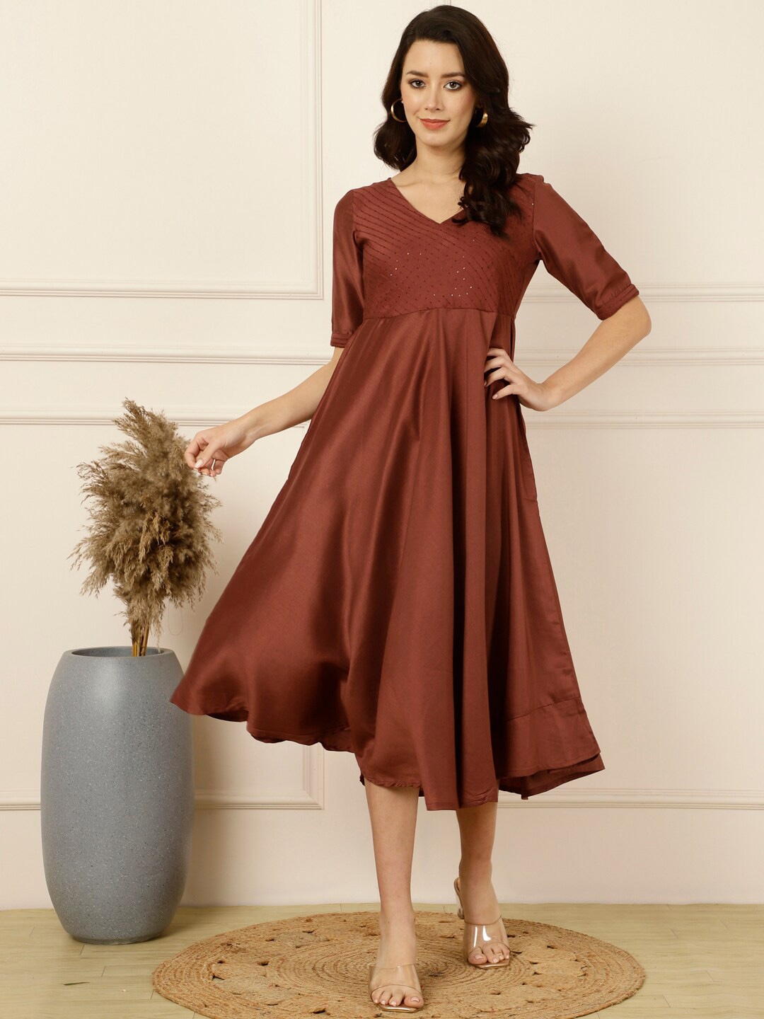 

antaran V-Neck Short Sleeves Empire Midi Dress, Brown