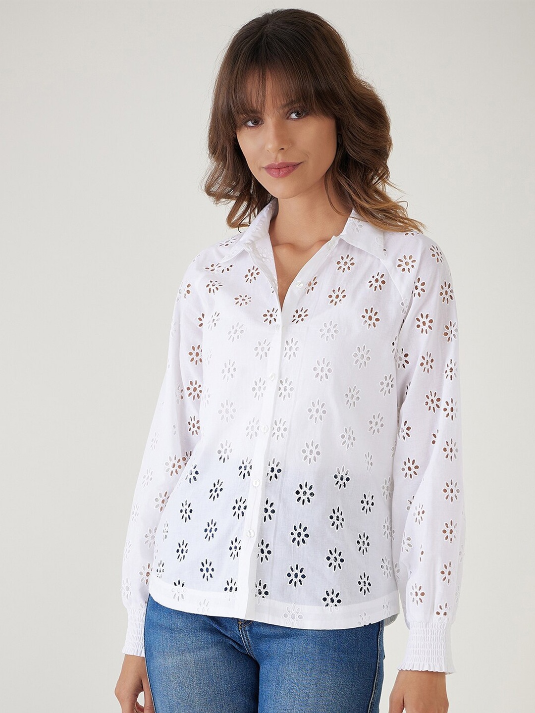 

JEFF COOPER Spread Collar Floral Self Design Casual Pure Cotton Shirt, White