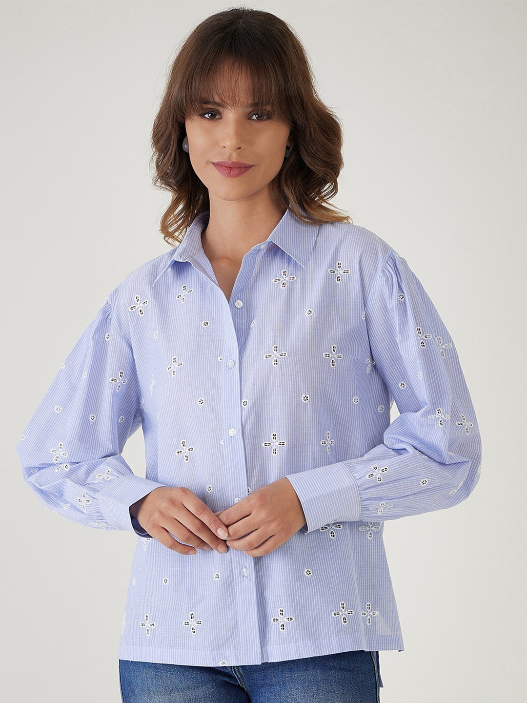 

JEFF COOPER Spread Collar Striped Casual Pure Cotton Shirt, Blue