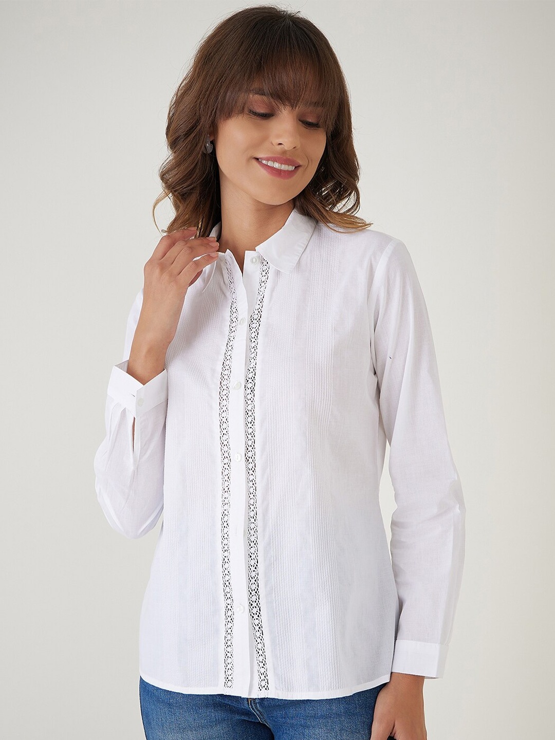 

JEFF COOPER Spread Collar Embroidered Casual Pure Cotton Shirt, White