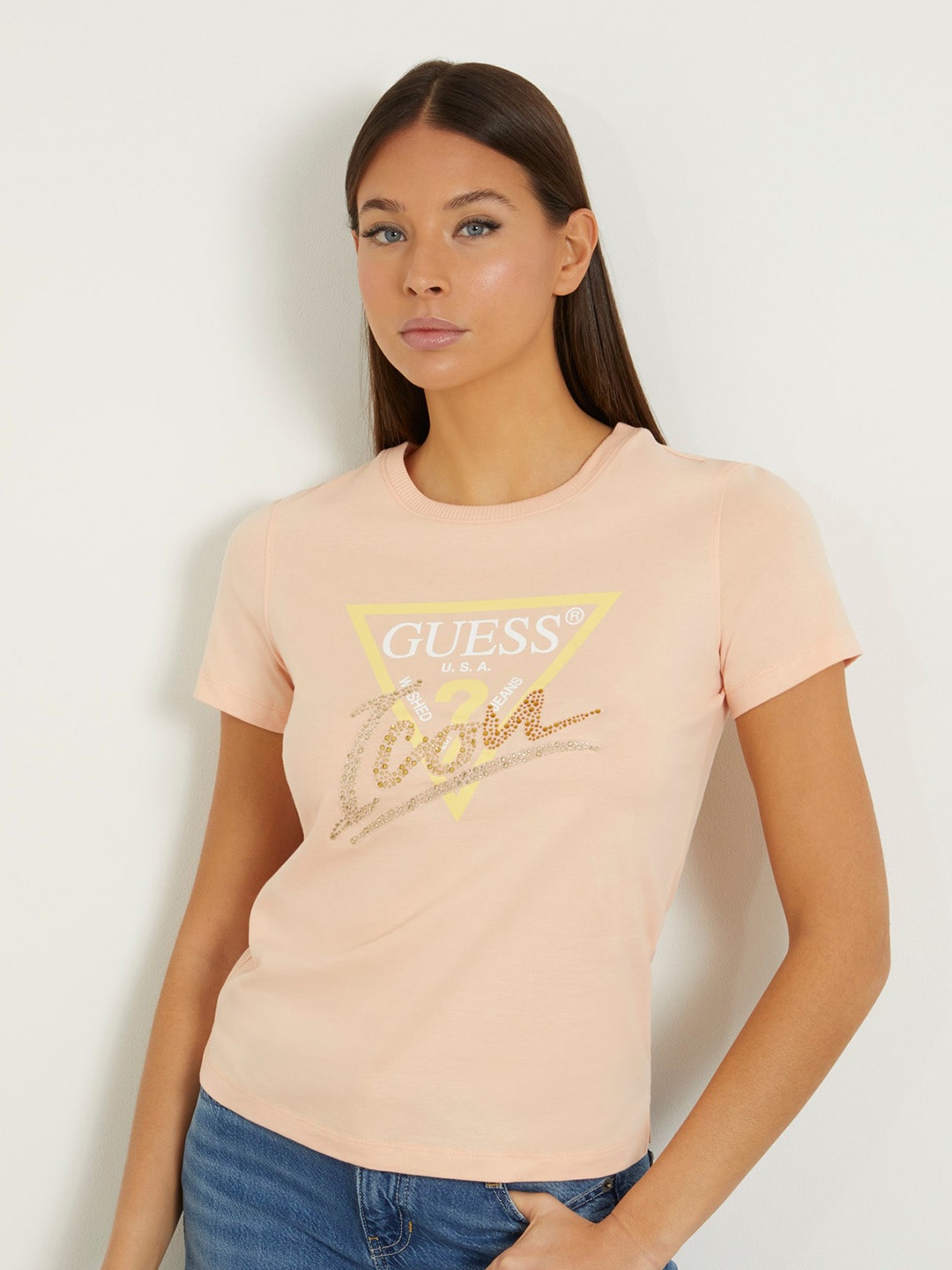 

GUESS Women Typography Printed Cotton T-shirt, Peach