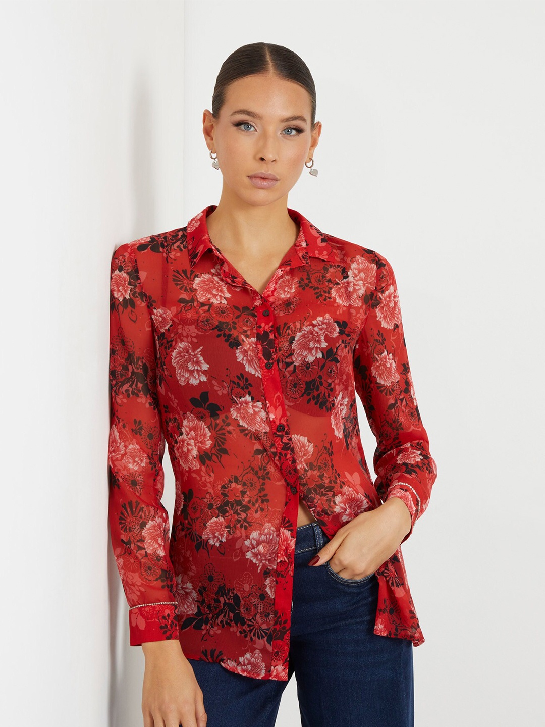 

GUESS Floral Printed Spread Collar Casual Shirt, Red