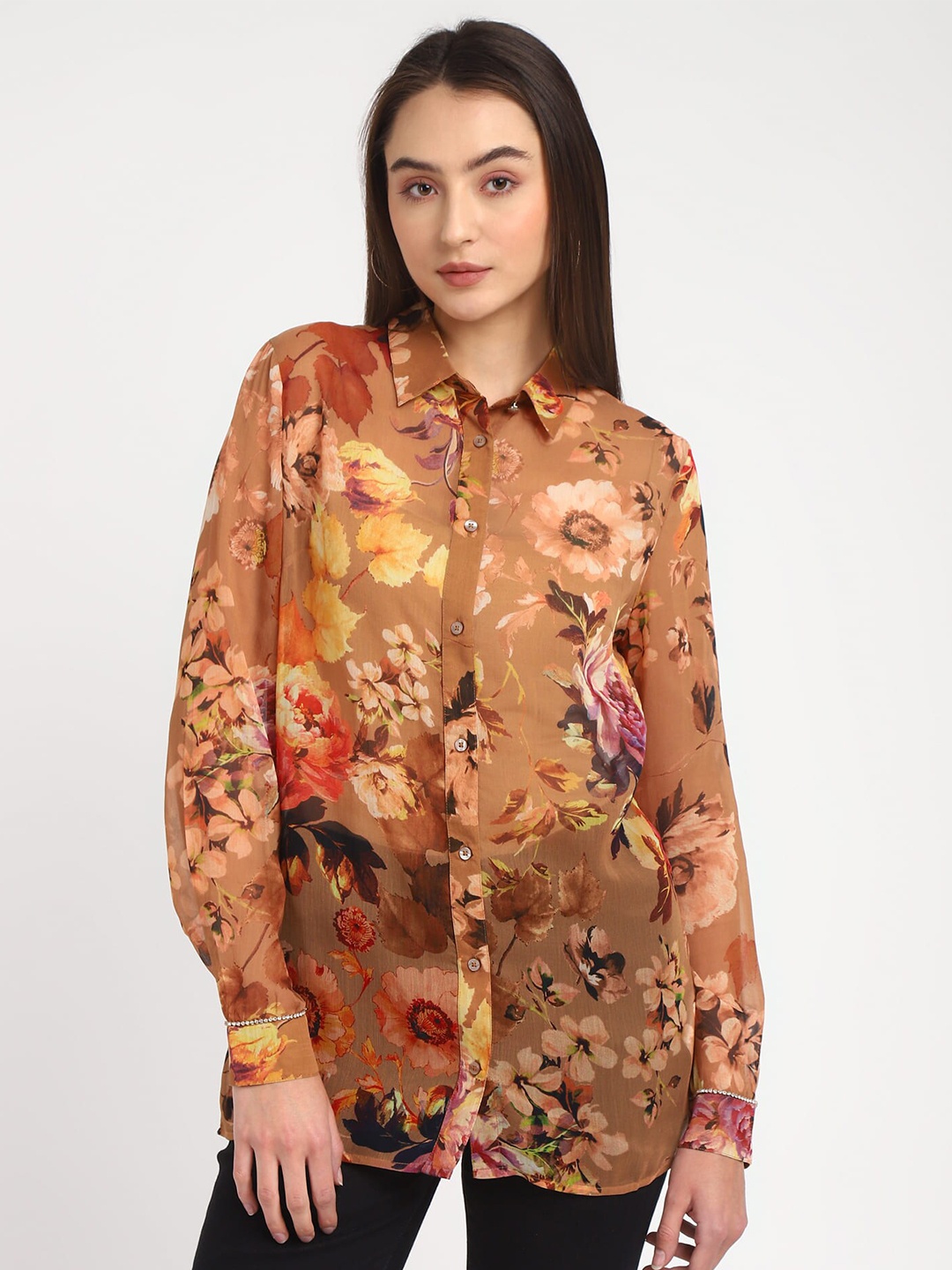 

GUESS Floral Printed Spread Collar Casual Shirt, Beige