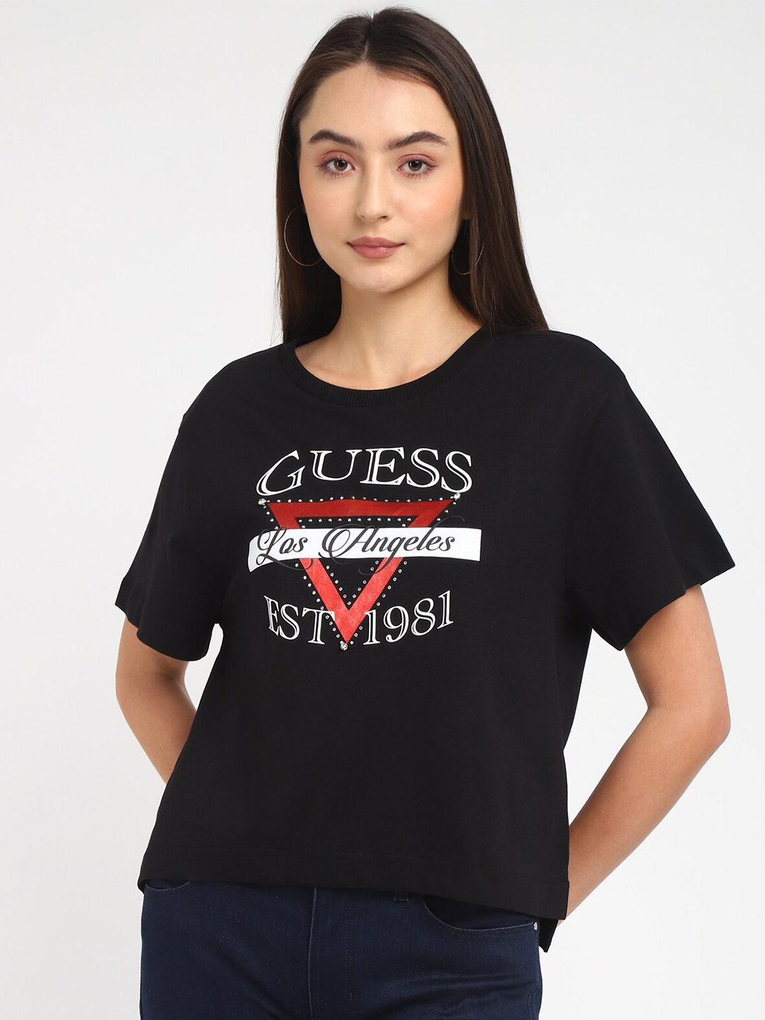 

GUESS Typography Printed Round Neck Cotton Boxy T-shirt, Black