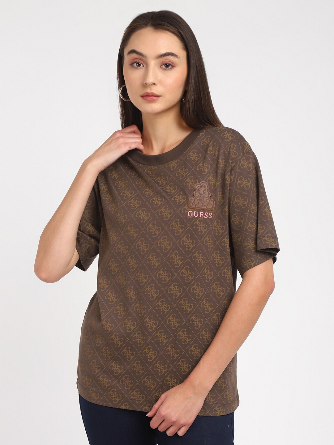 

GUESS Extended Sleeves Printed Round Neck Cotton T-shirt, Brown