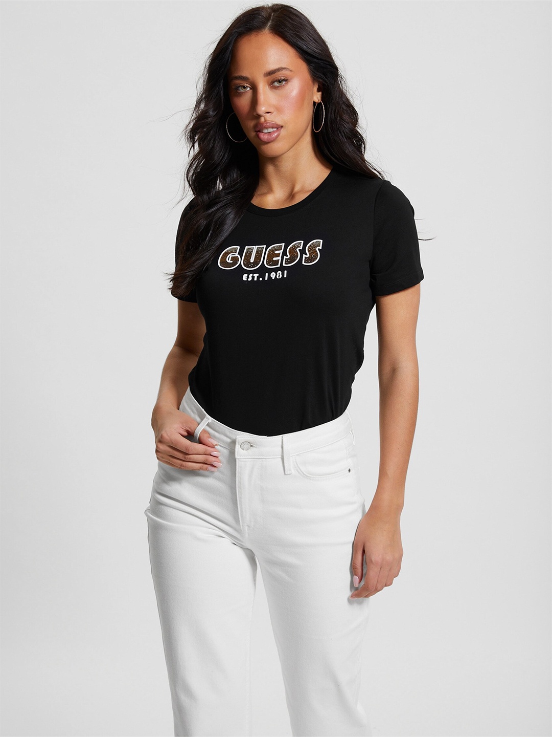

GUESS Typography Printed Short Sleeves Round Neck Cotton T-shirt, Black