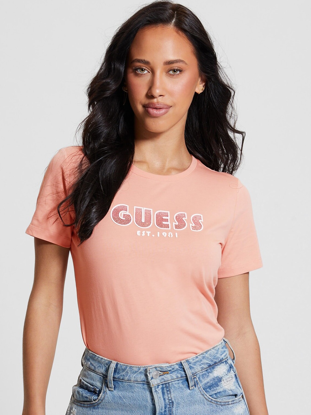 

GUESS Typography Printed Short Sleeves Round Neck Cotton T-shirt, Pink