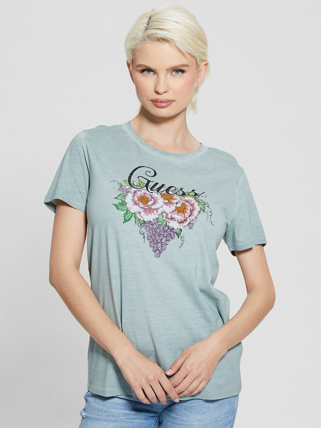 

GUESS Women Typography Printed Cotton T-shirt, Blue