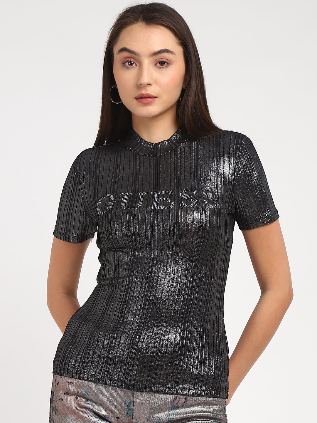 

GUESS High Neck Short Sleeves Top Self Top, Black