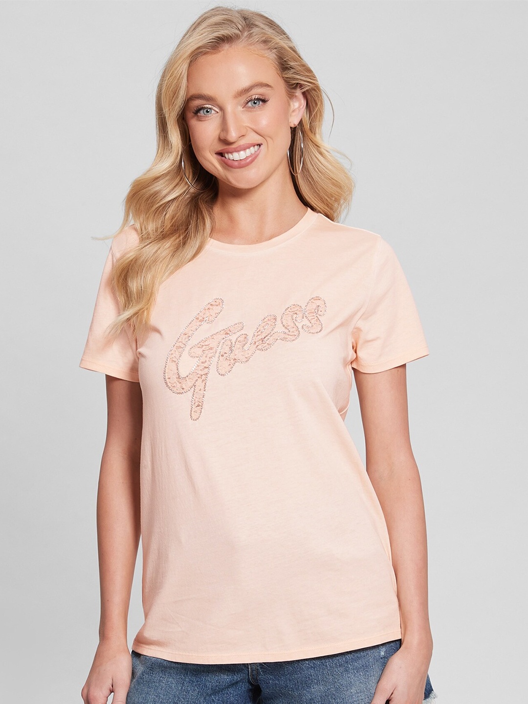 GUESS Embellished Round Neck Cotton Casual T-shirt, Peach