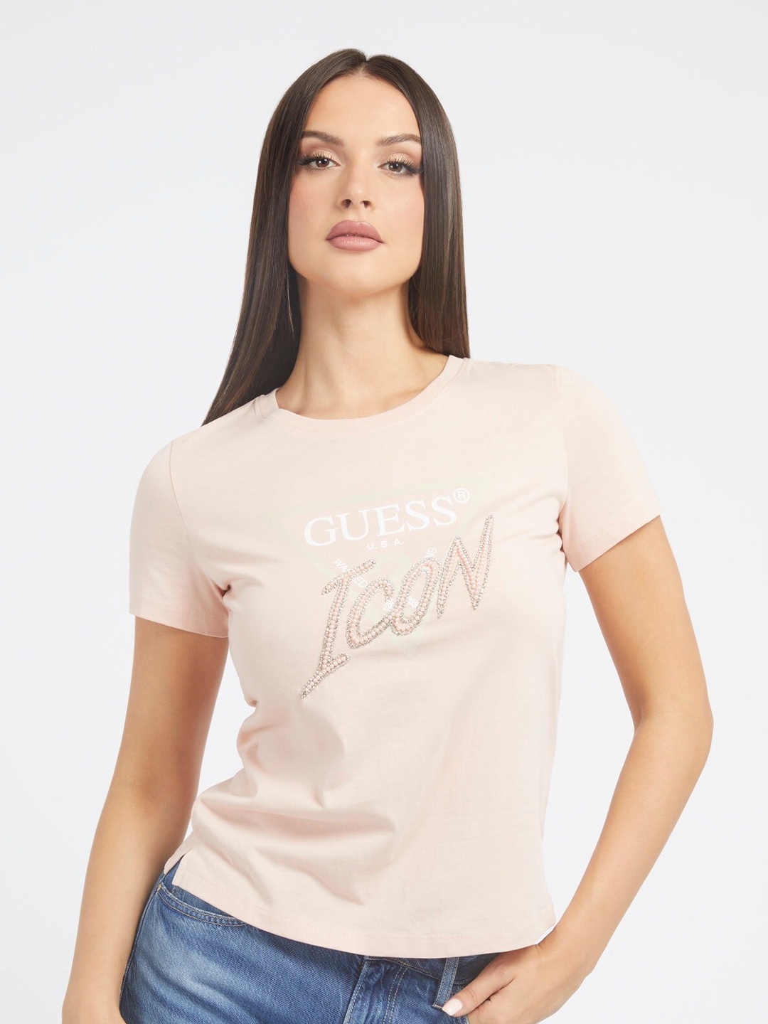 GUESS Typography Printed Cotton T-shirt, Pink