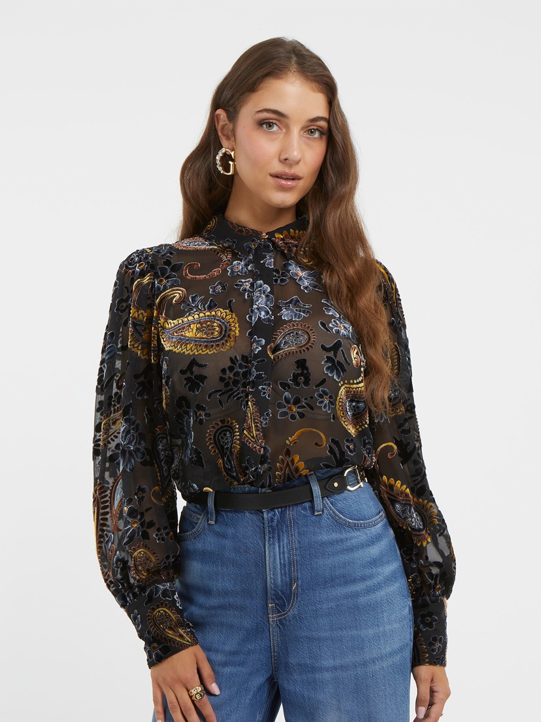 

GUESS Ethnic Motifs Printed Spread Collar Casual Shirt, Black