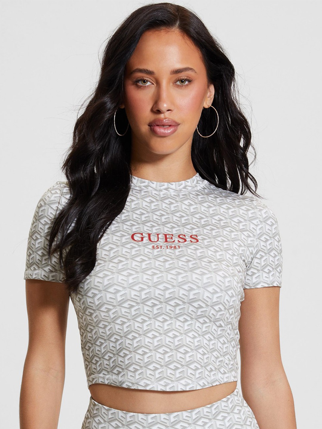 

GUESS Printed High Neck Crop Top, Grey