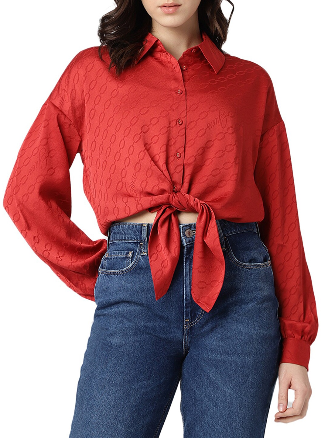 

GUESS Printed Spread Collar Casual Shirt, Red