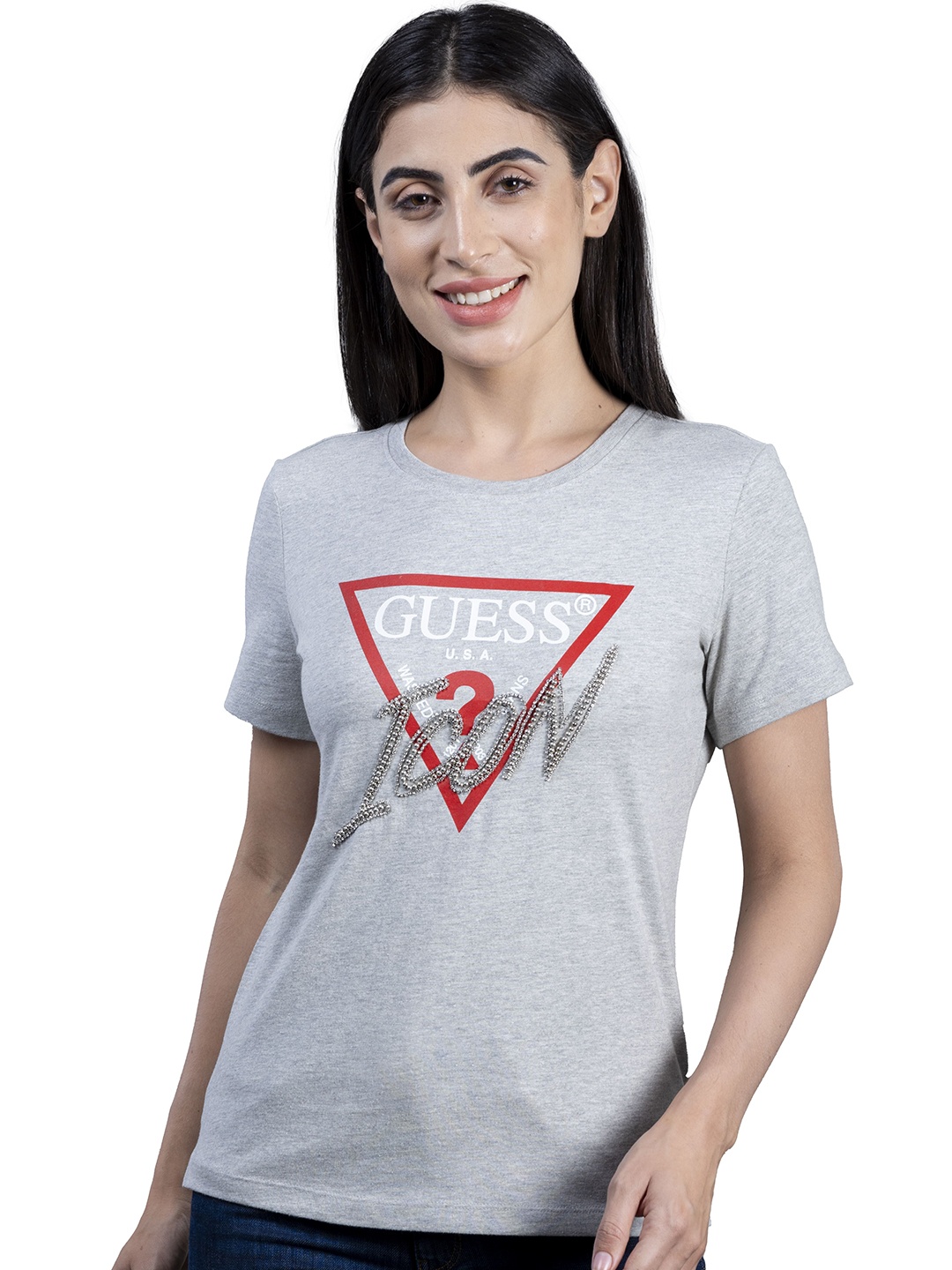 

GUESS Printed Short Sleeves Round Neck Cotton T-shirt, Grey melange