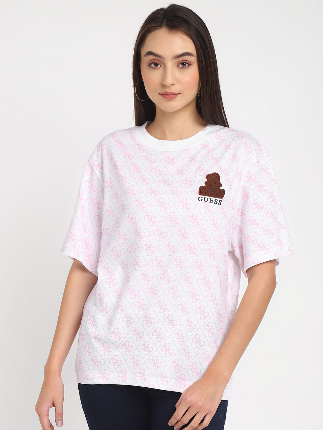 

GUESS Drop-Shoulder Sleeves Printed Round Neck Cotton T-shirt, White