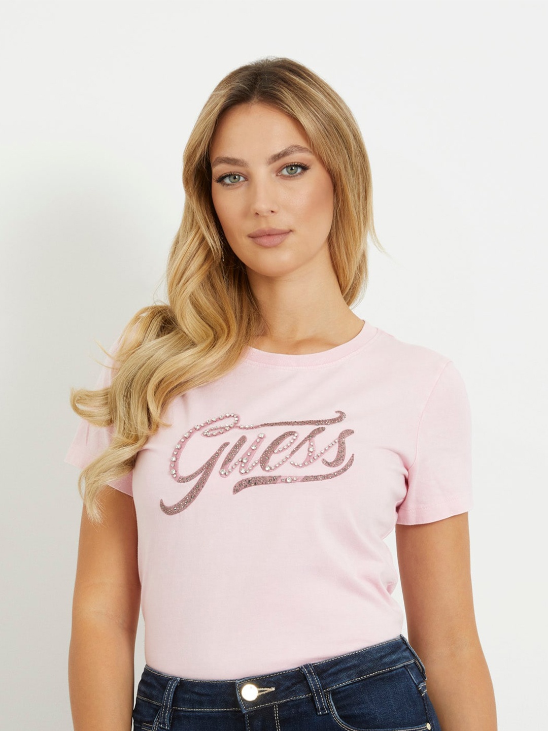 

GUESS Typography Printed Short Sleeves Round Neck Cotton T-shirt, Pink