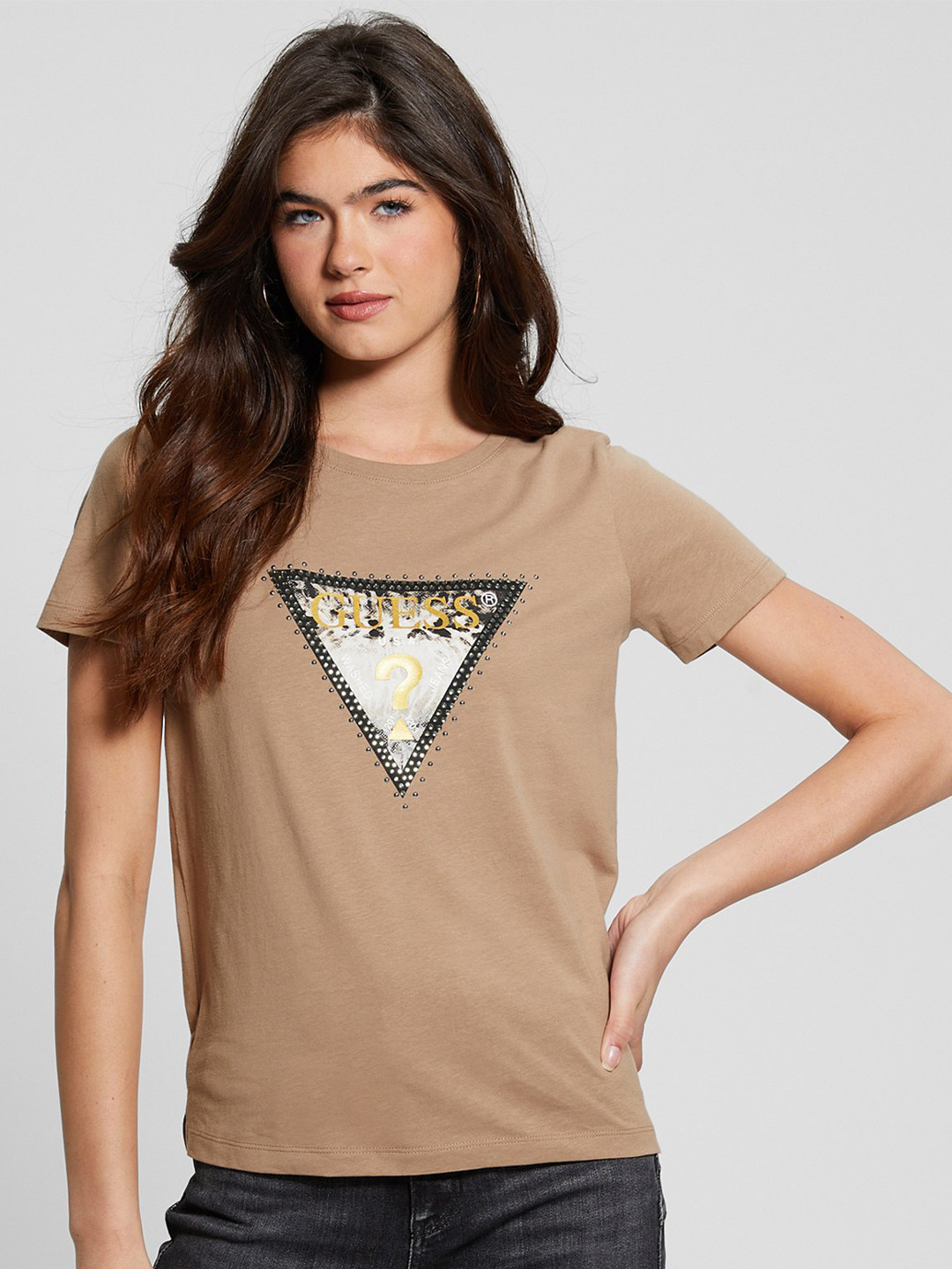 

GUESS Graphic Printed Embellished Round Neck Cotton T-shirt, Beige