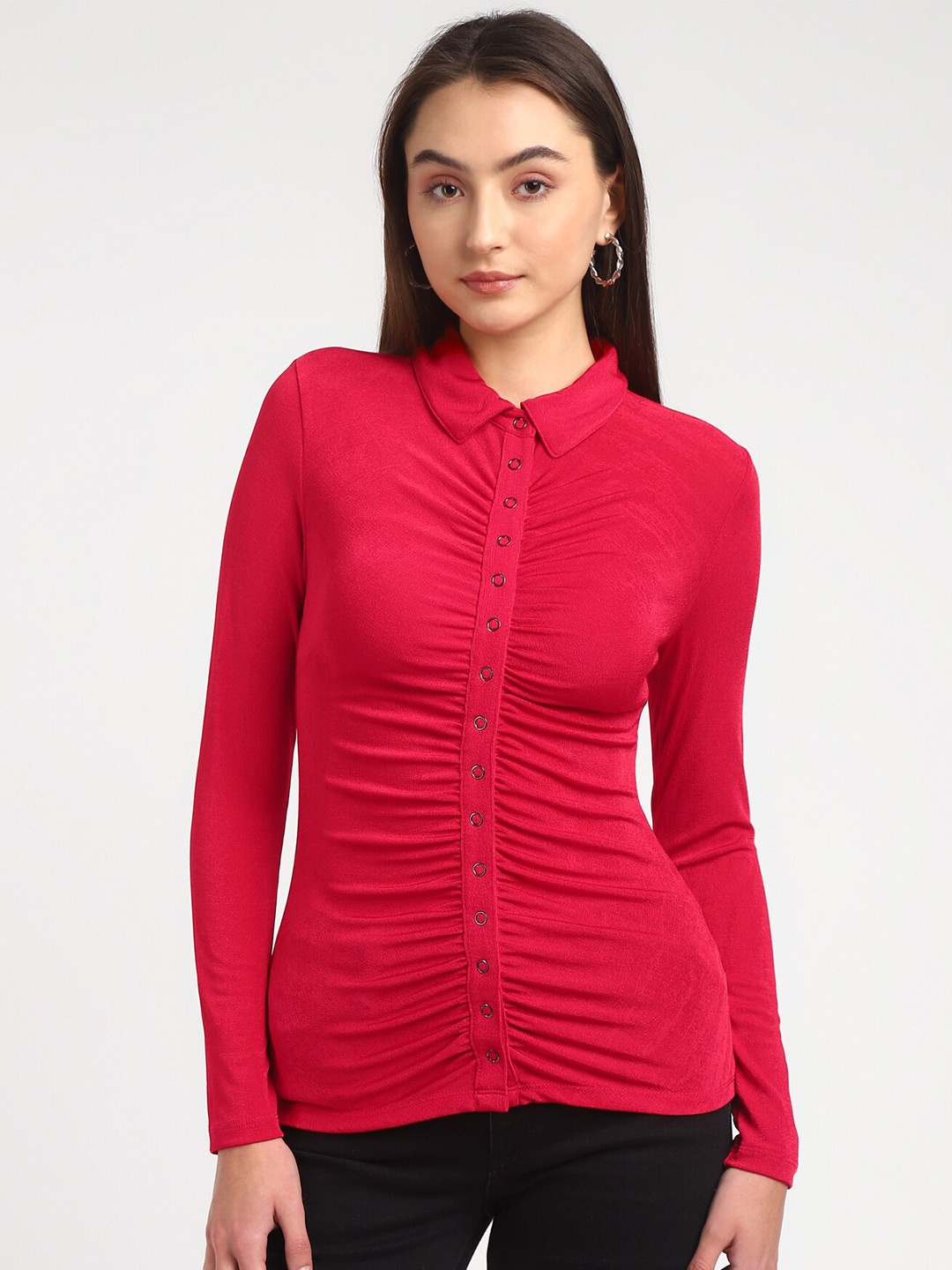 

GUESS Shirt Collar Long Sleeves Top, Red