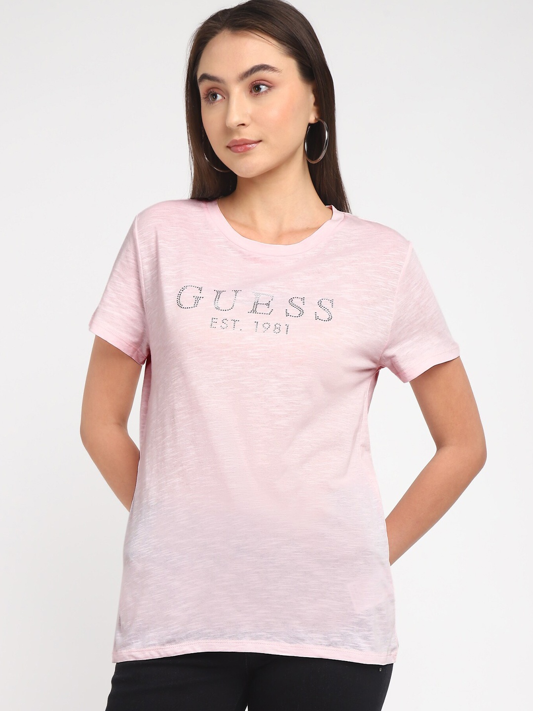 

GUESS Typography Printed Round Neck Cotton T-shirt, Pink