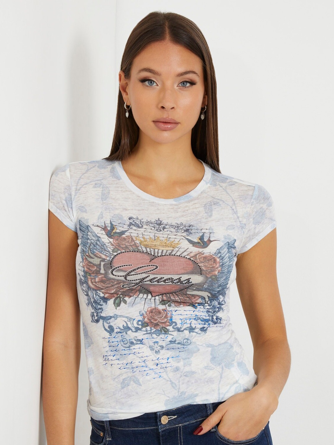 

GUESS Graphic Printed Round Neck Slim Fit T-shirt, White