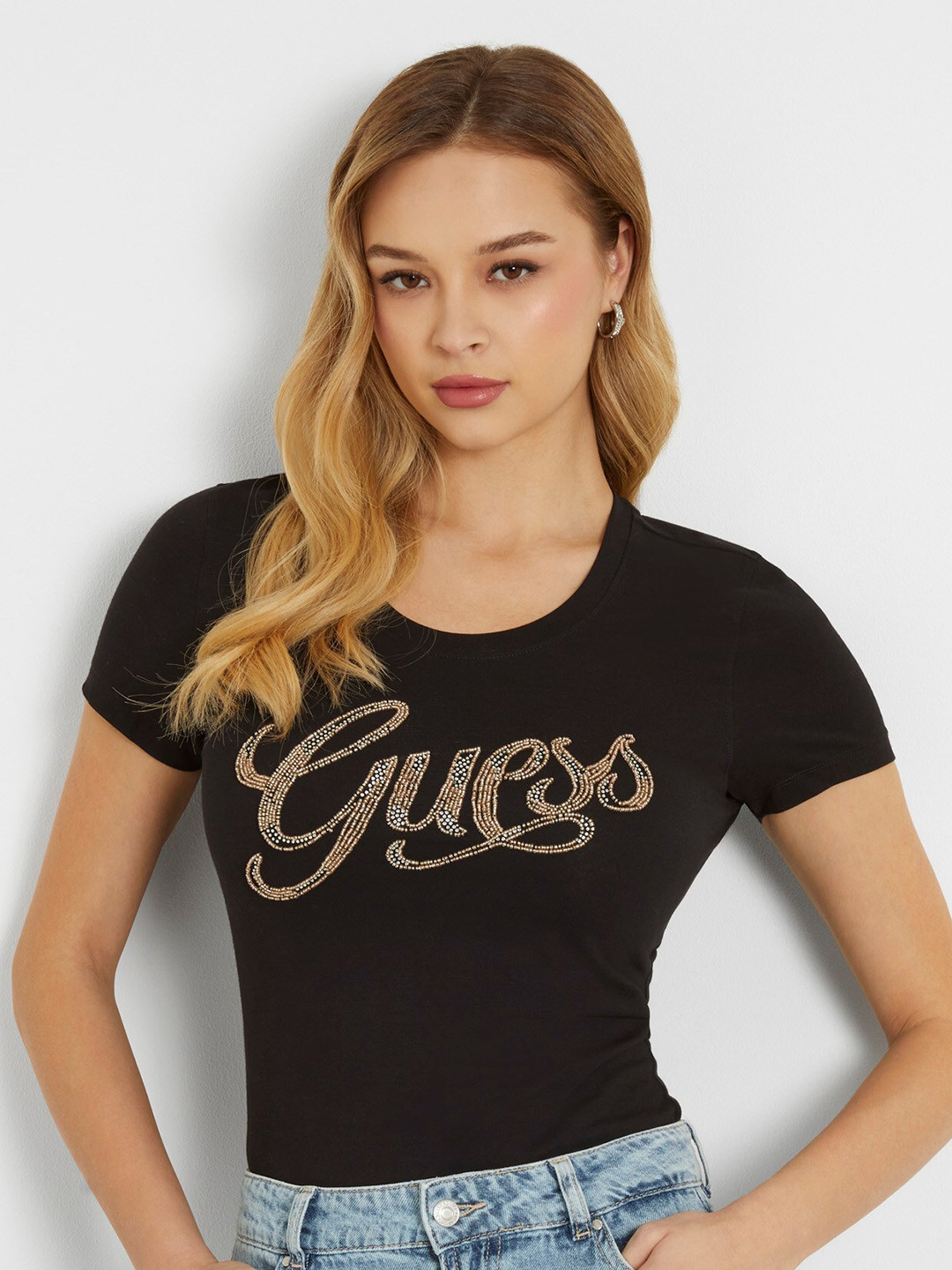 

GUESS Printed Extended Sleeves Round Neck Cotton T-shirt, Black