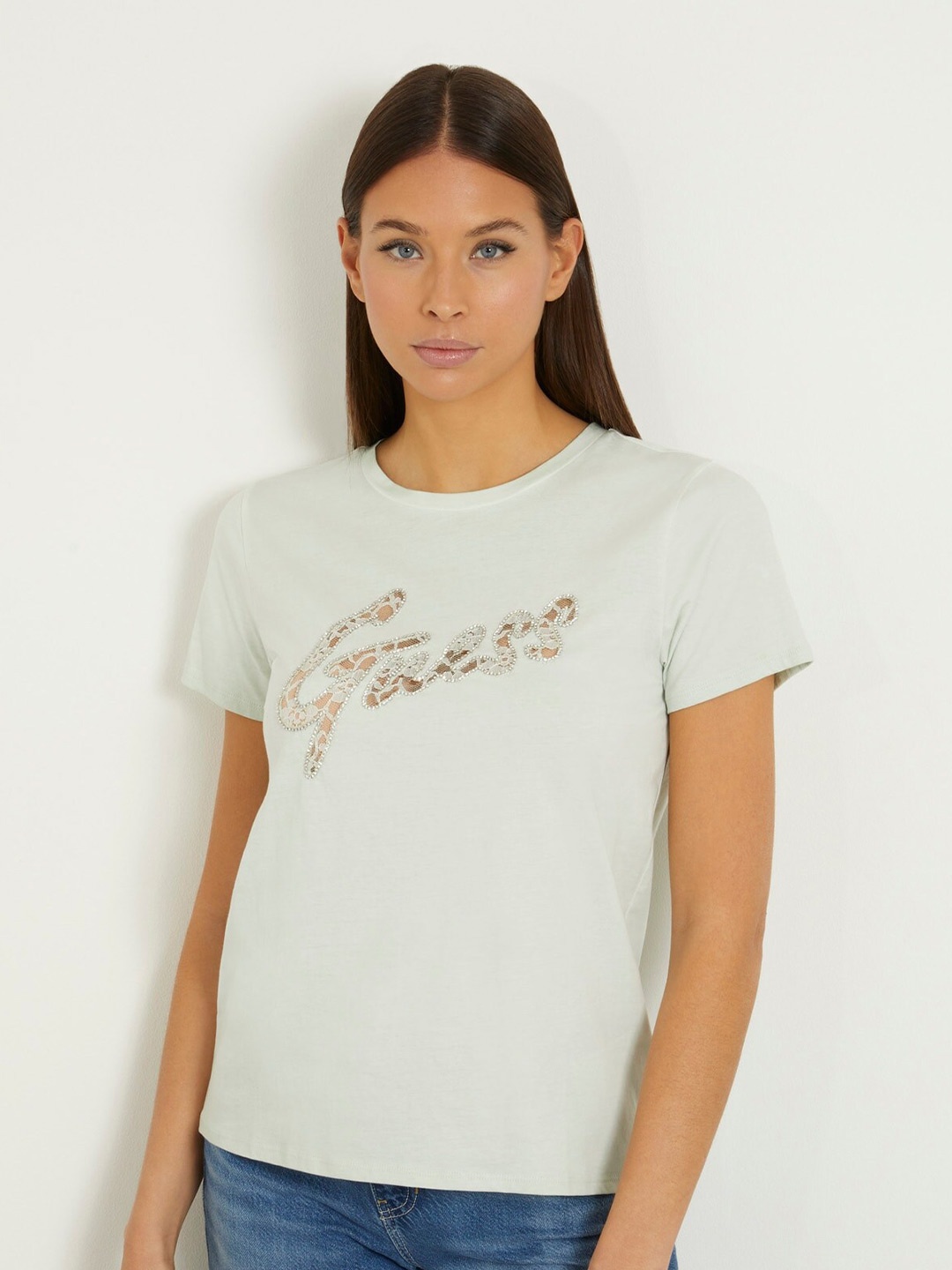 

GUESS Extended Sleeves Printed Short Sleeves Round Neck Cotton T-shirt, Green