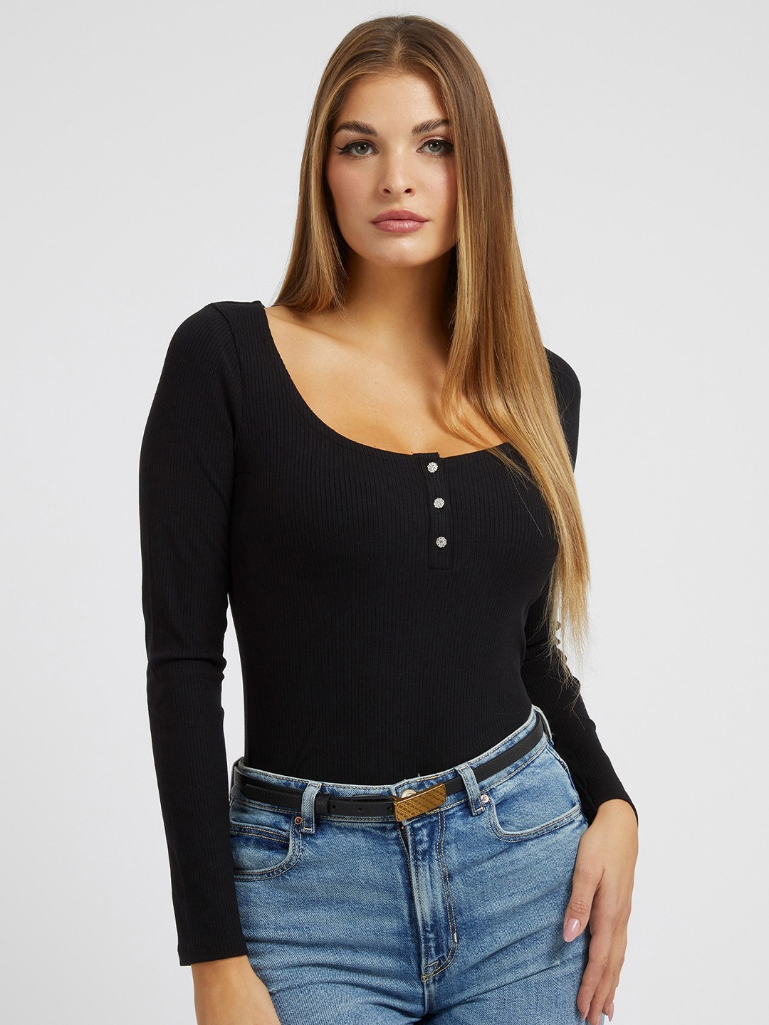 

GUESS Scoop Neck Long Sleeves Fitted Top, Black