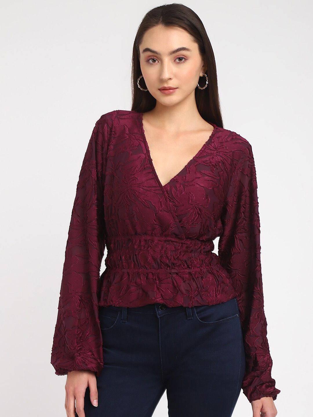 

GUESS V NECK Long Sleeves Wrap Top, Maroon