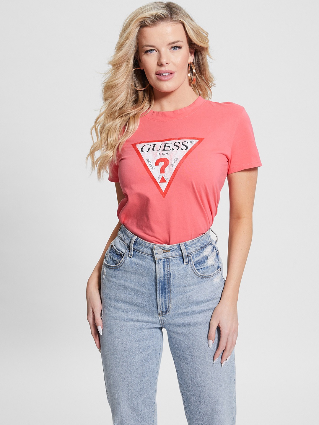 GUESS Typography Printed Short Sleeves Round Neck Cotton T-shirt, Pink