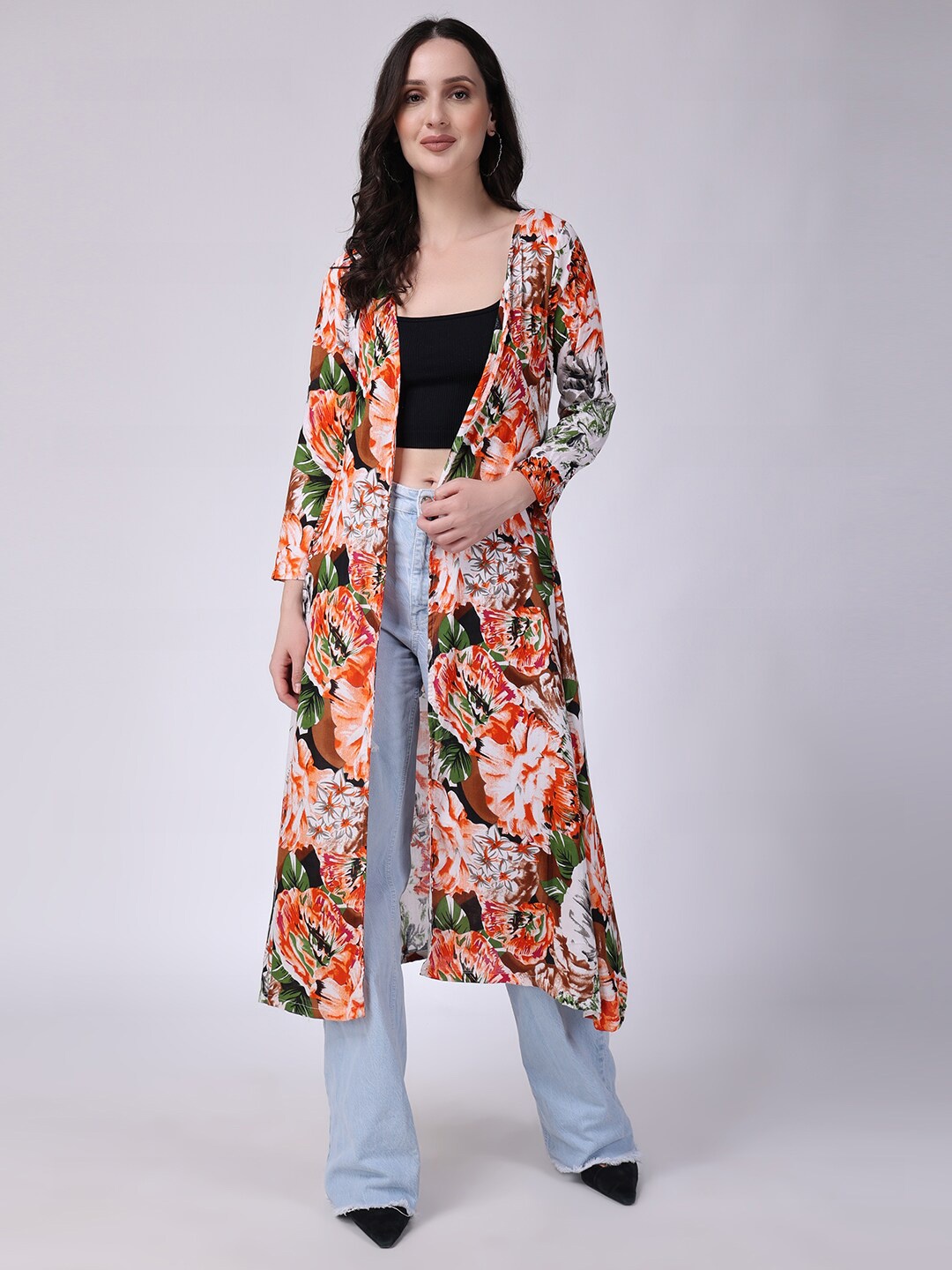 

SCORPIUS Floral Printed Longline Open Front Shrug, Orange