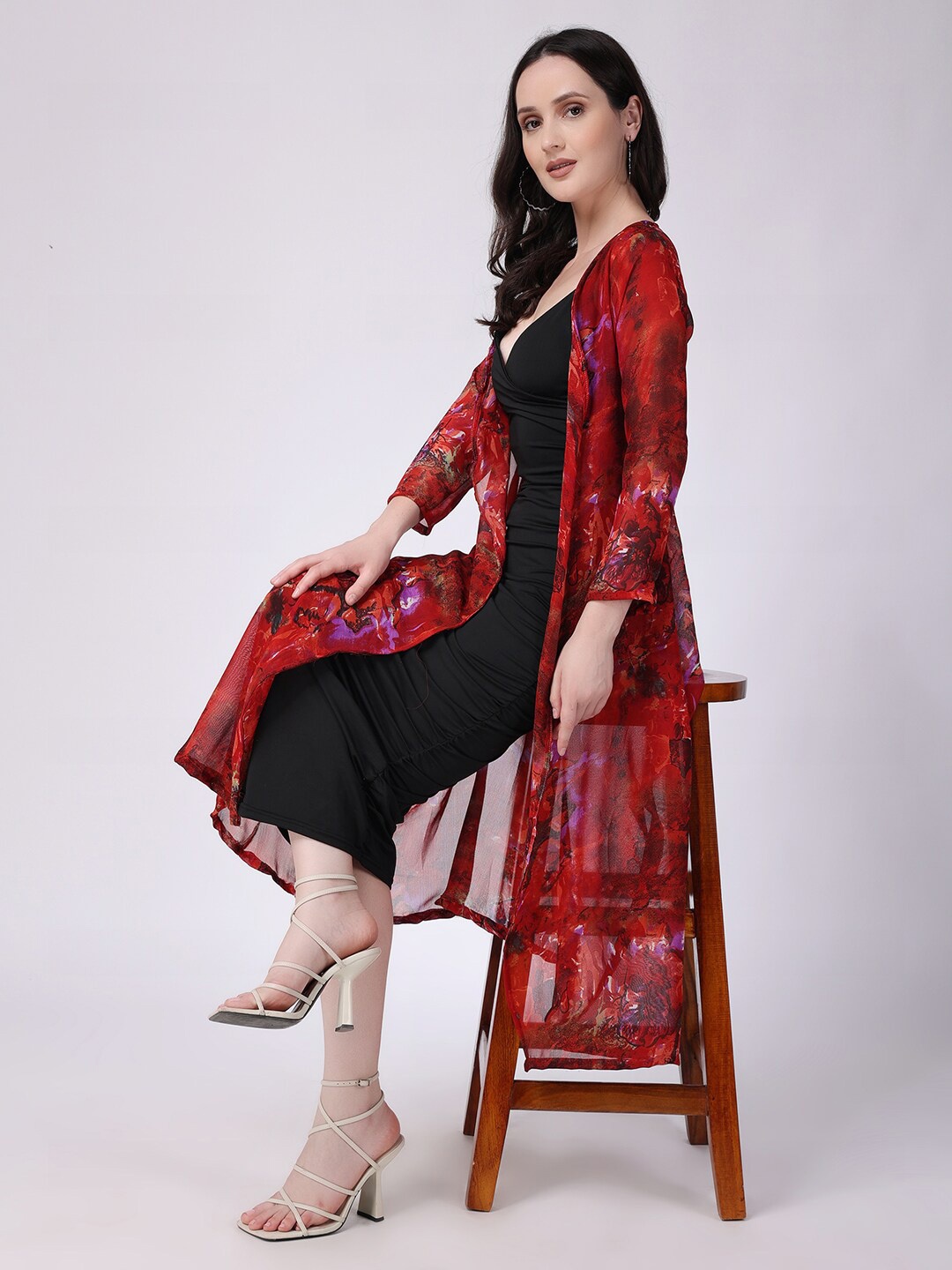 

SCORPIUS Abstract Printed Longline Open Front Shrug, Red