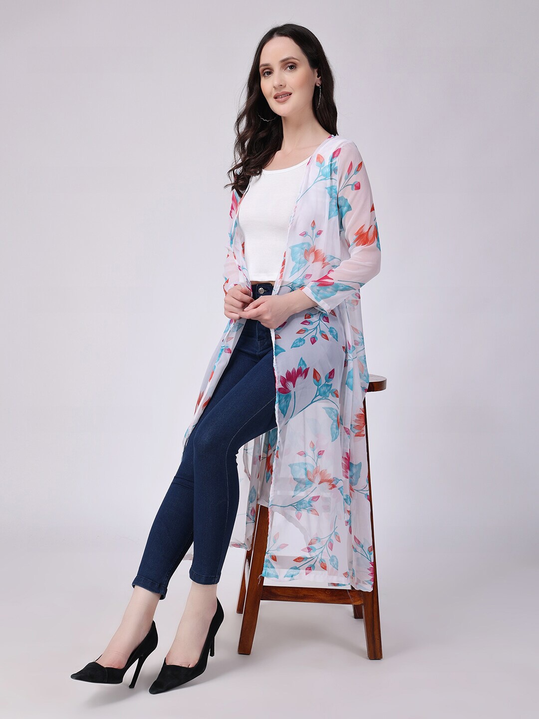 

SCORPIUS Floral Printed Sheer Longline Open Front Shrug, White
