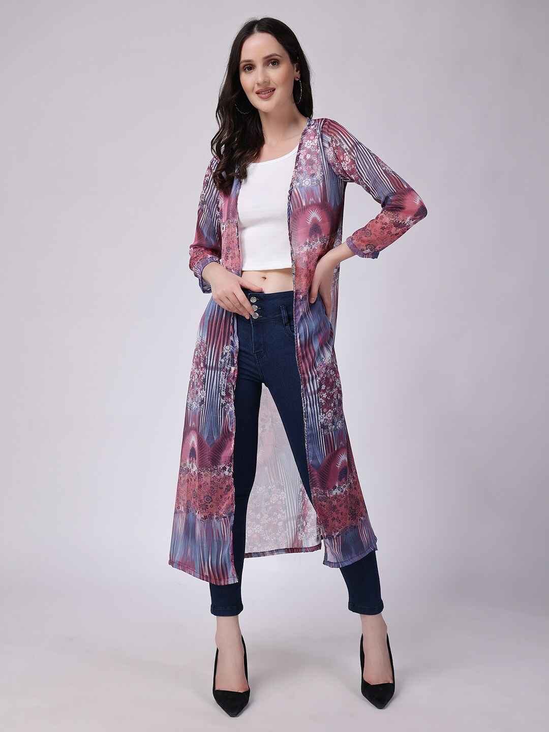 

SCORPIUS Abstract Printed Georgette Longline Shrug, Purple