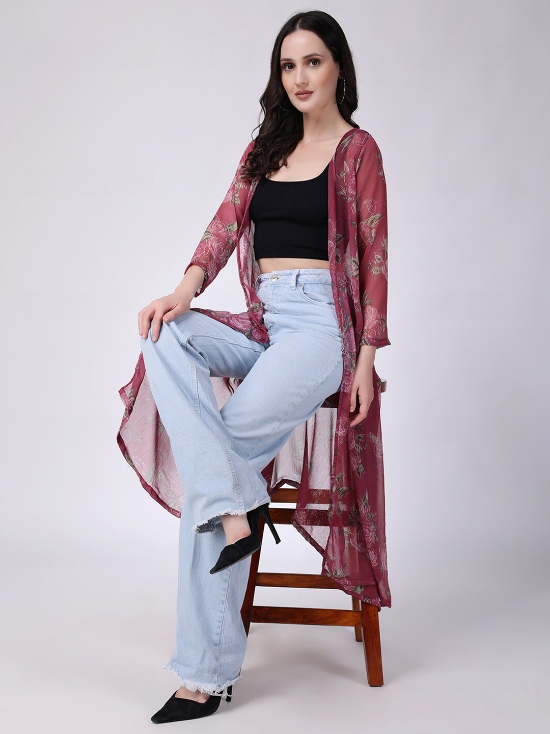 

SCORPIUS Printed Chiffon Open Front Longline Shrug, Pink