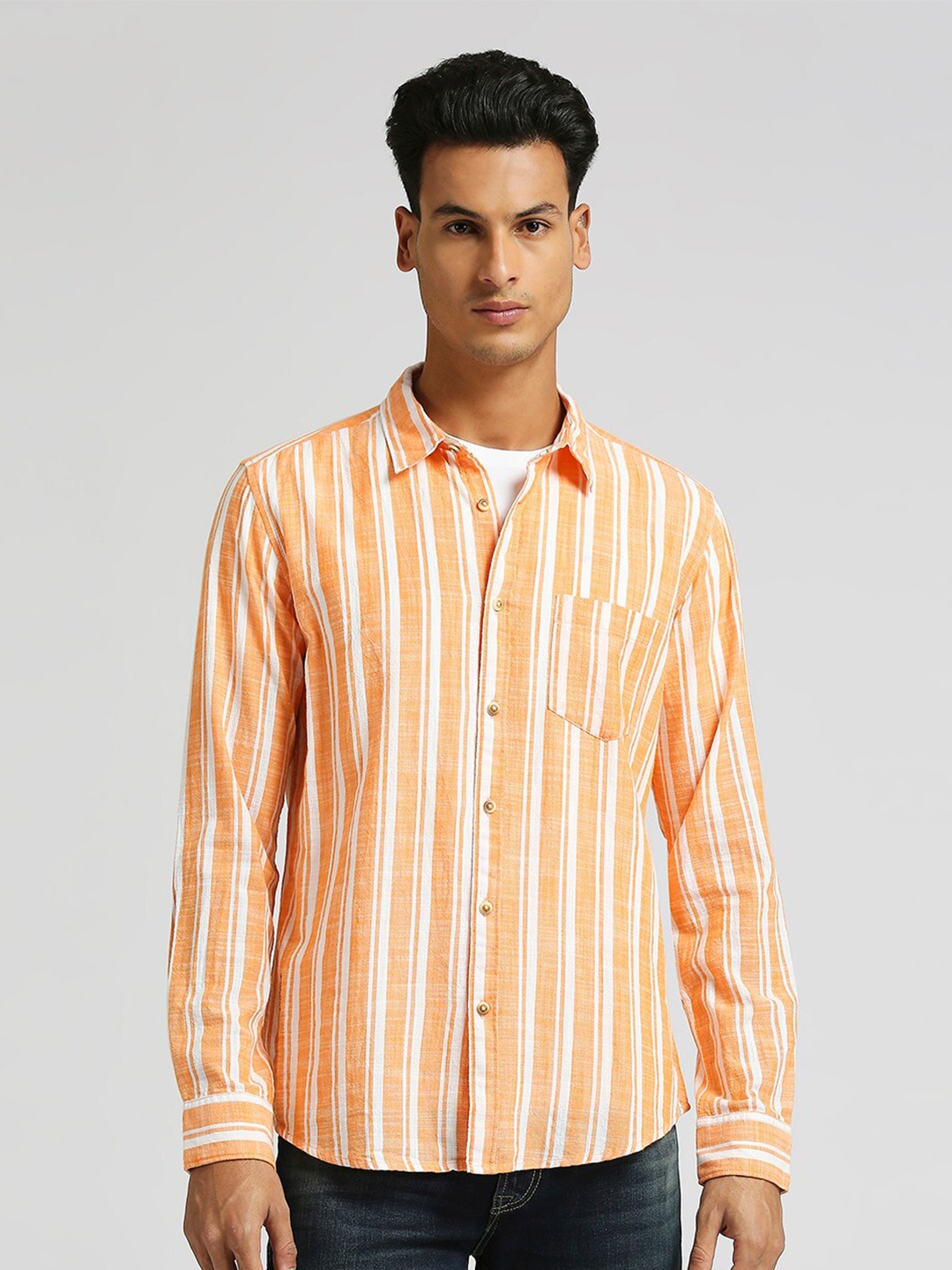 

Pepe Jeans Vertical Striped Pure Cotton Casual Shirt, Orange