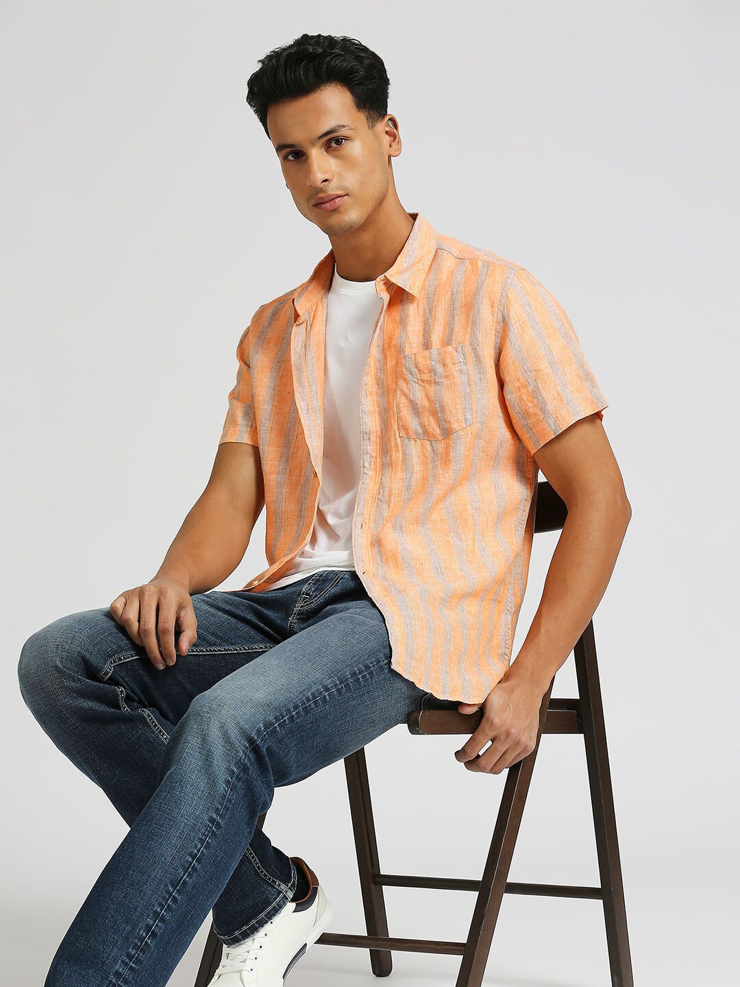 

Pepe Jeans Vertical Striped Pure Linen Casual Shirt, Orange