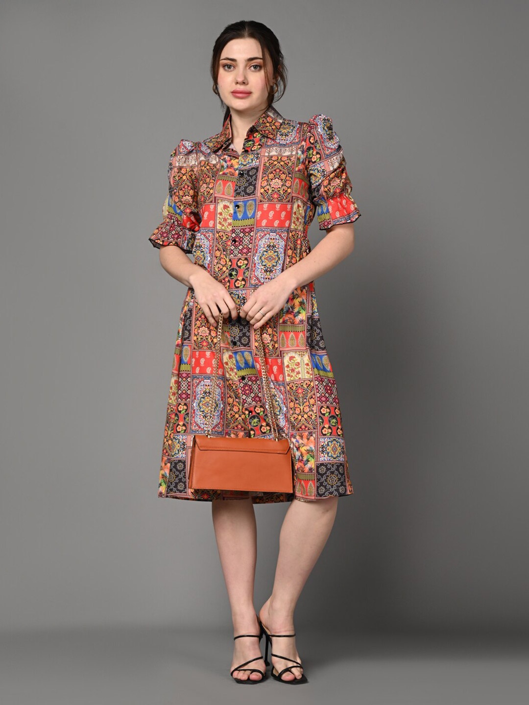 

Justin Whyte Ethnic Motifs Printed Crepe Shirt Collar Dress, Beige