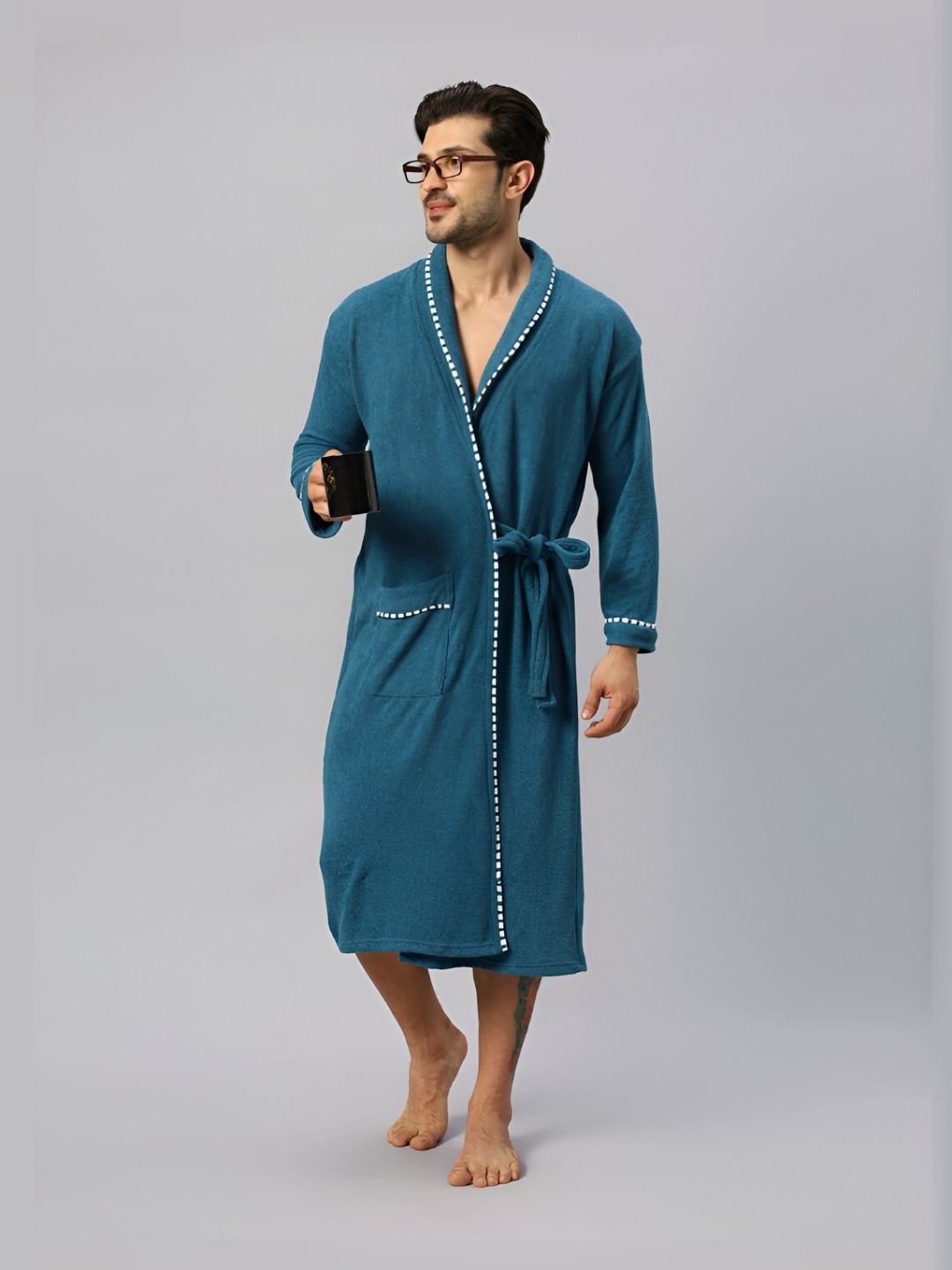 

HotGown Men Printed-Detailed Collar Long Sleeves Bath Robe, Teal
