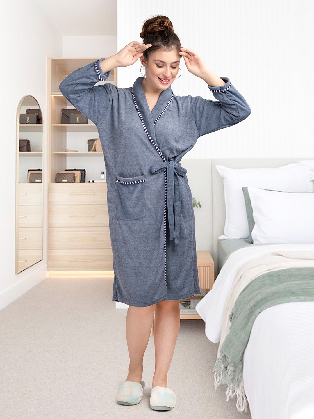 

HotGown Women Printed Collar Double Side Terry Water Absorbent Bathrobe, Blue