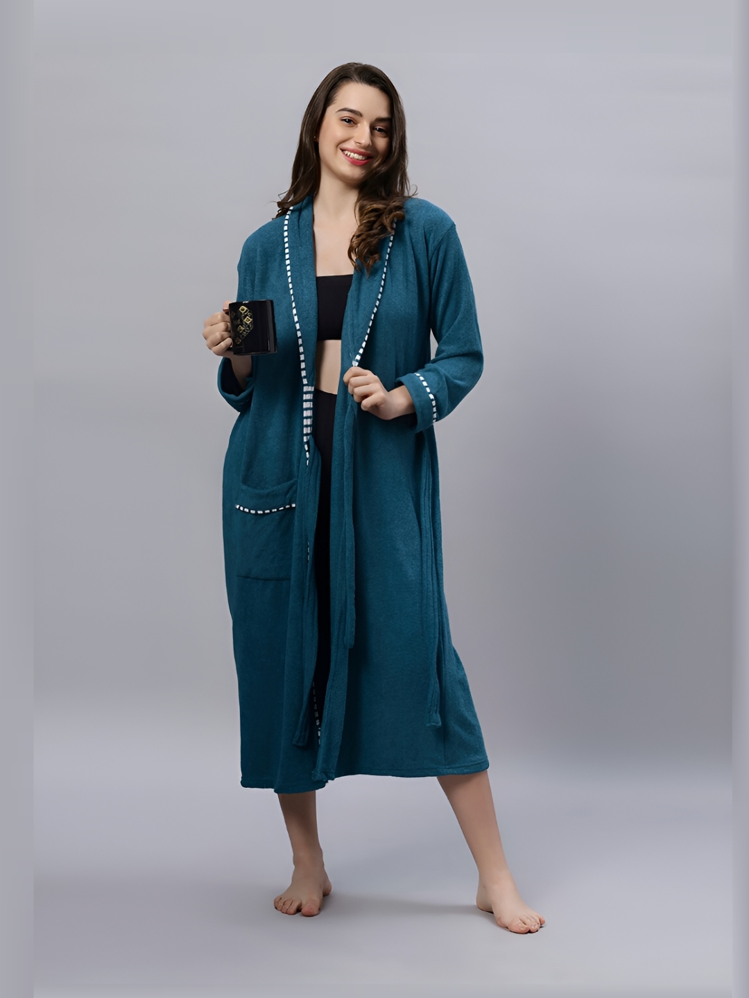 

HotGown Women Printed Detailed Collar Water Absorbent Long Sleeves Bath Robe, Teal