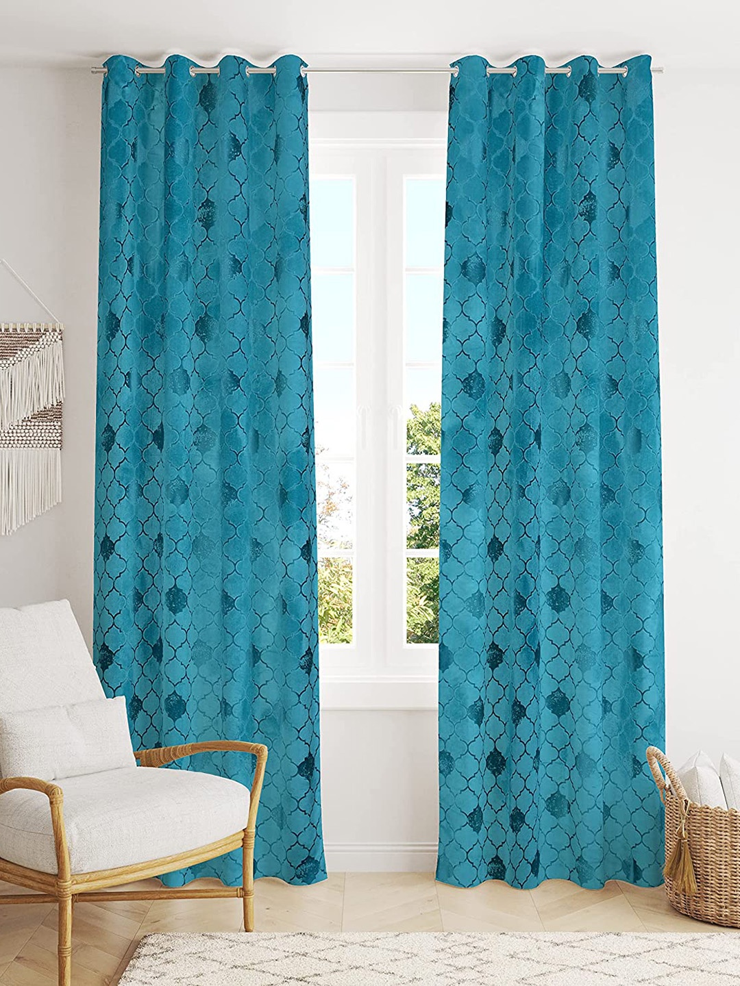 

RIDHAAN Blue 2 Pieces Floral Room Darkening Long Door Curtains