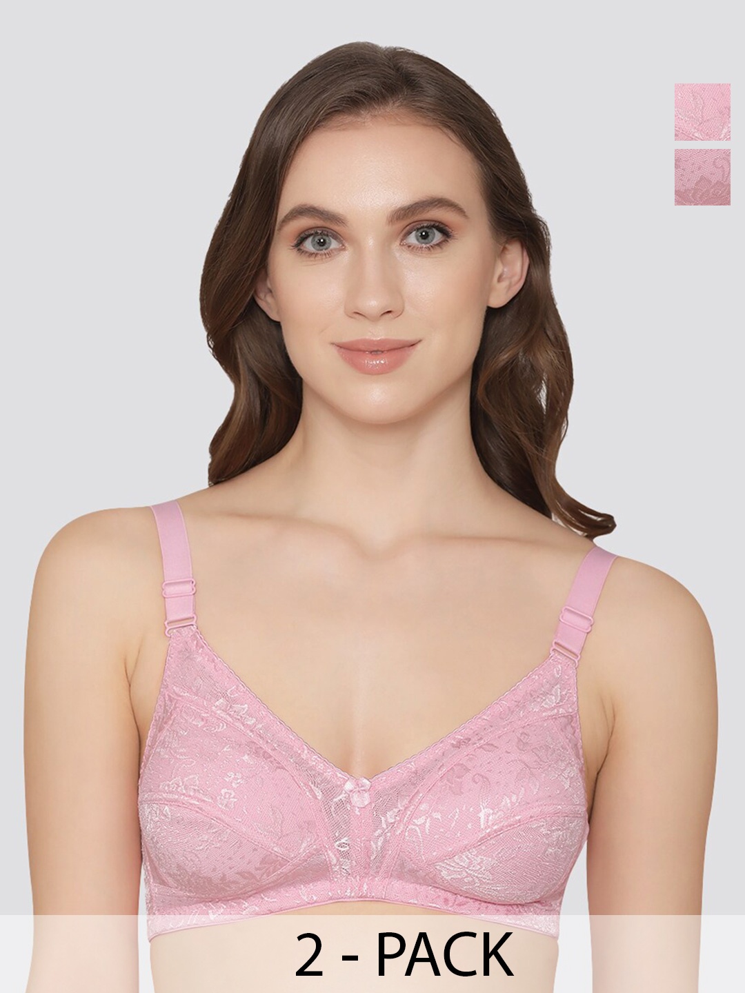 

K LINGERIE Pack of 2 Alvina Wirefree Comfort Embroidered Lace Bra, Pink