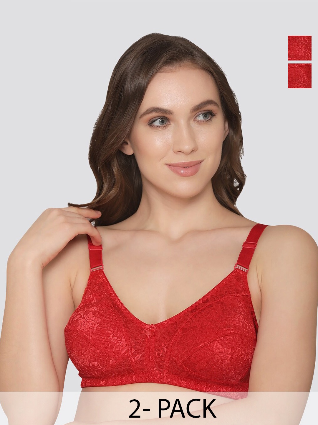 

K LINGERIE Pack of 2 Alvina Wirefree Comfort Embroidered Lace Bra, Red