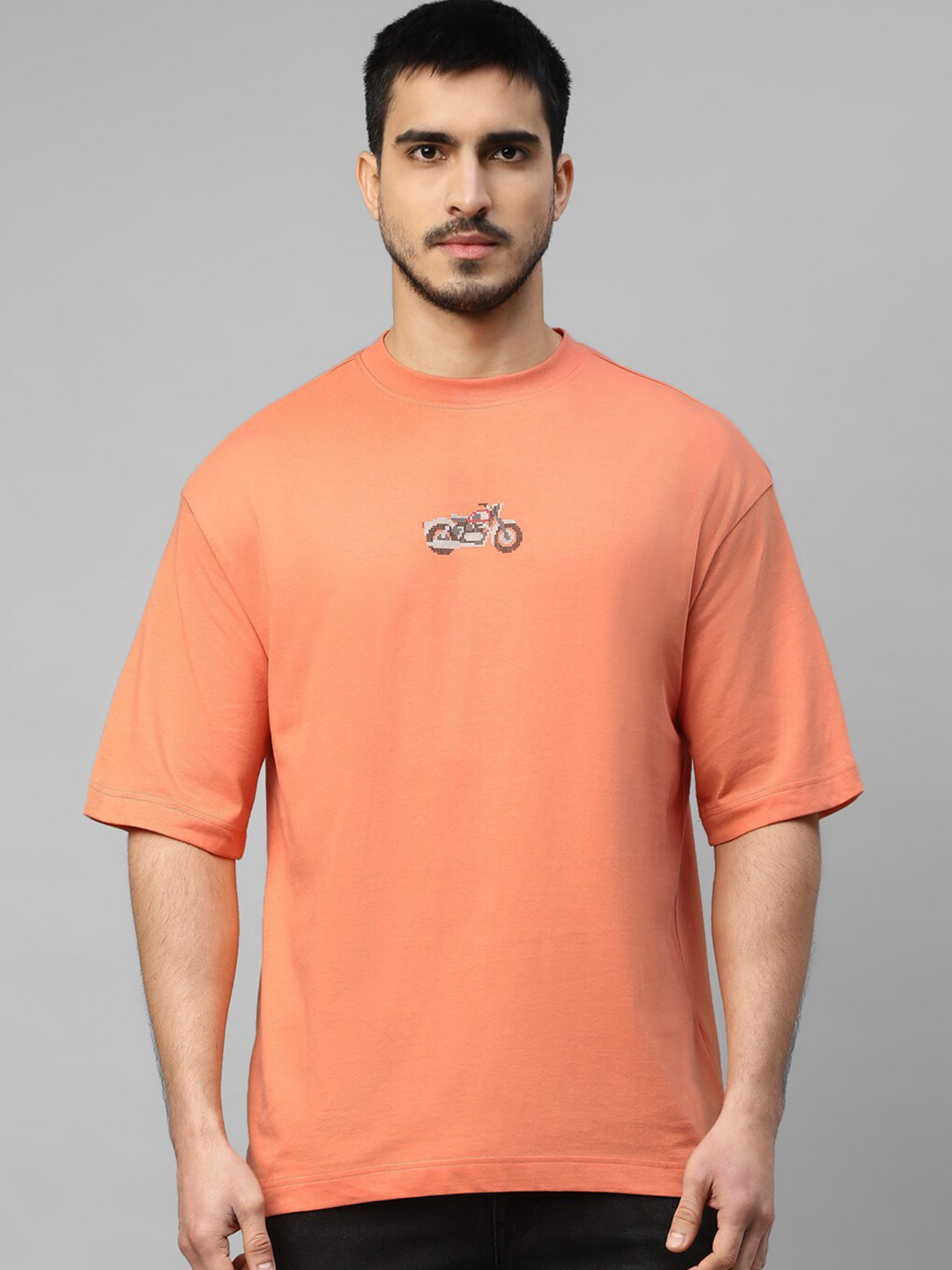 

Royal Enfield 8-Bit Classic Graphic Printed Drop Shoulder Oversized T-shirt, Peach