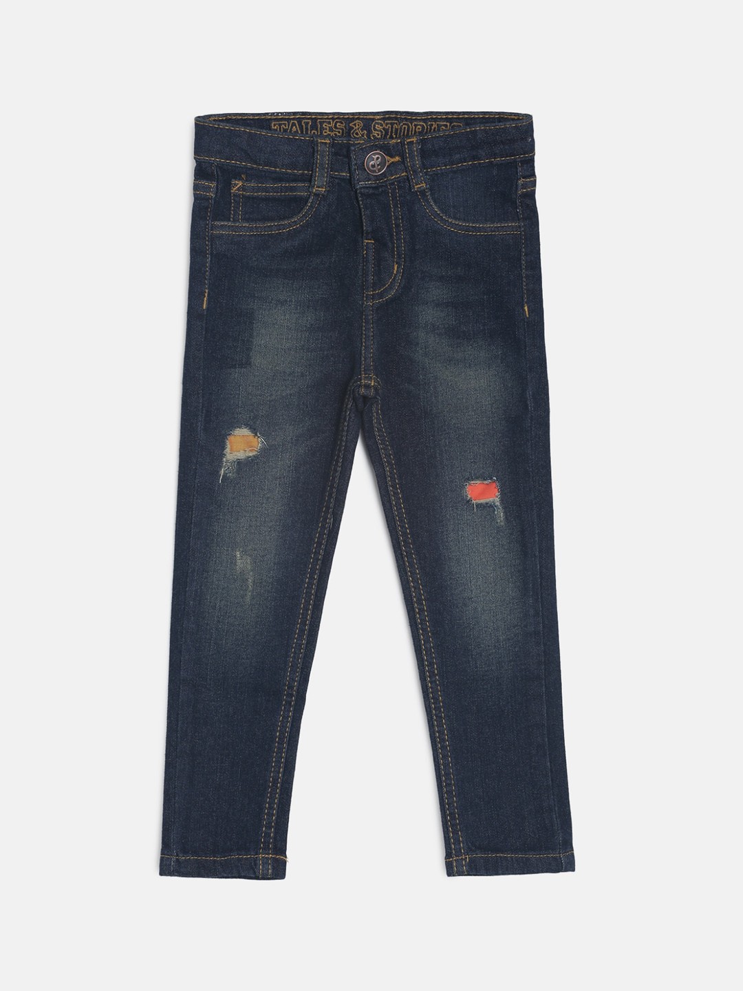 

TALES & STORIES Boys Slim Fit Low Distress Light Fade Stretchable Jeans, Navy blue