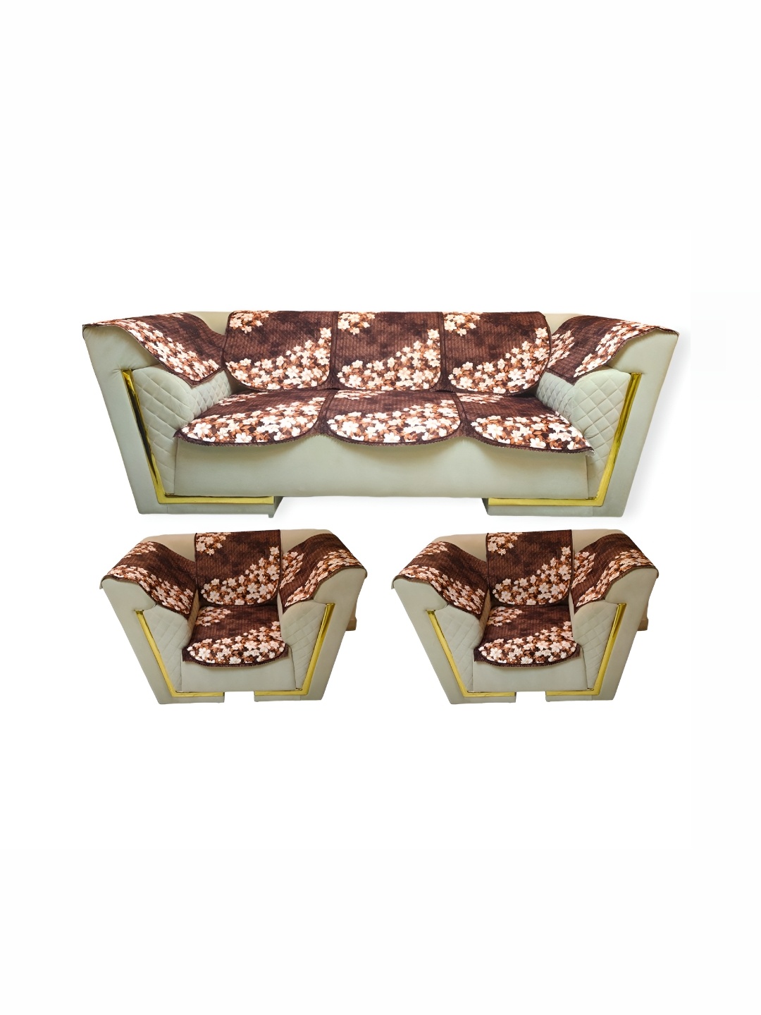 

MONKDECOR Brown & White 12 Pieces Printed Velvet 5 Seater Sofa Covers With Arms