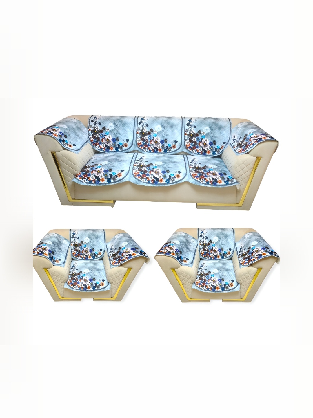 

MONKDECOR Blue & White 12 Pieces Printed Velvet 5 Seater Sofa Covers With Arms