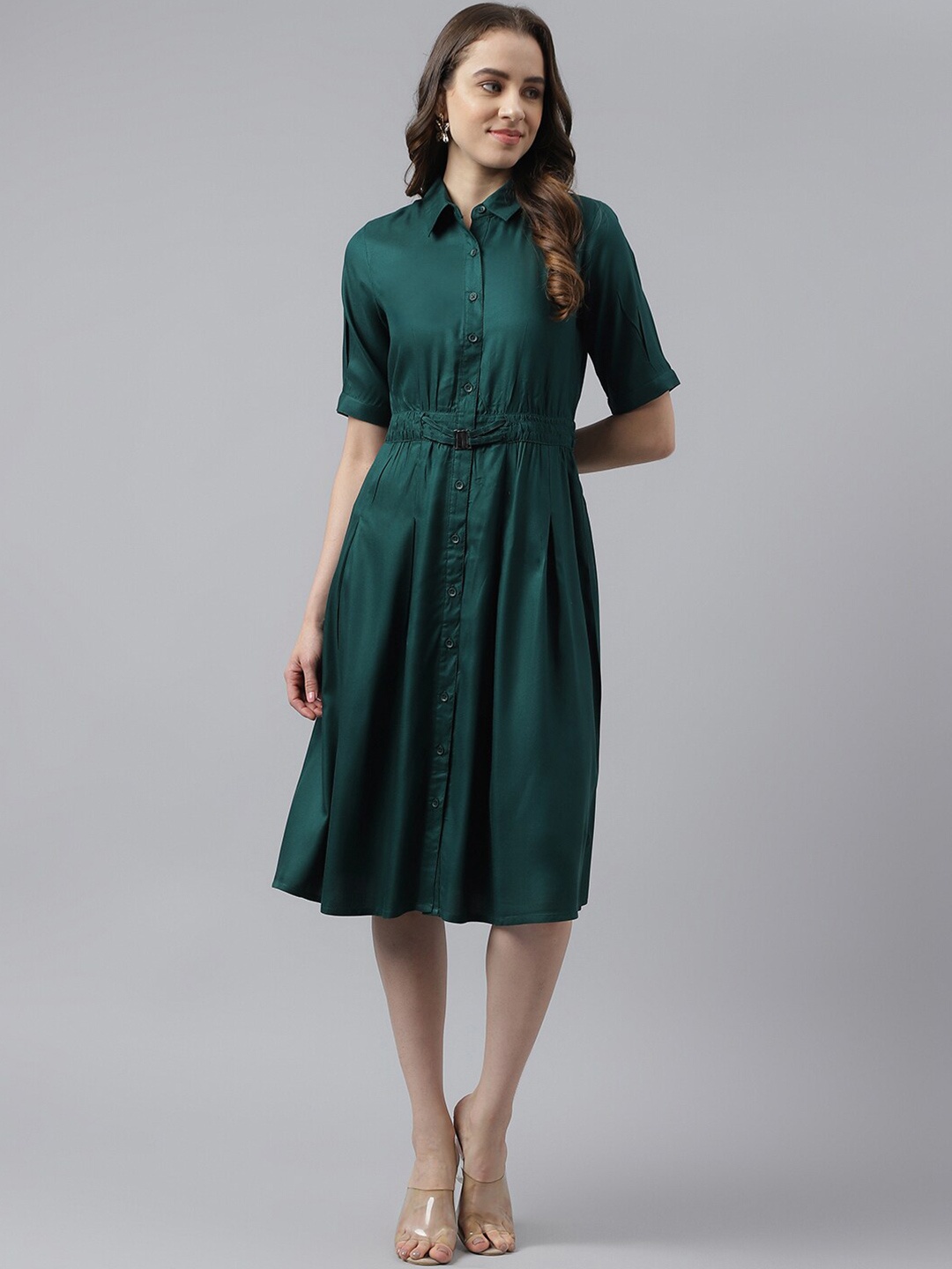 

Latin Quarters Shirt Collar Short Sleeves Shirt Dress, Green