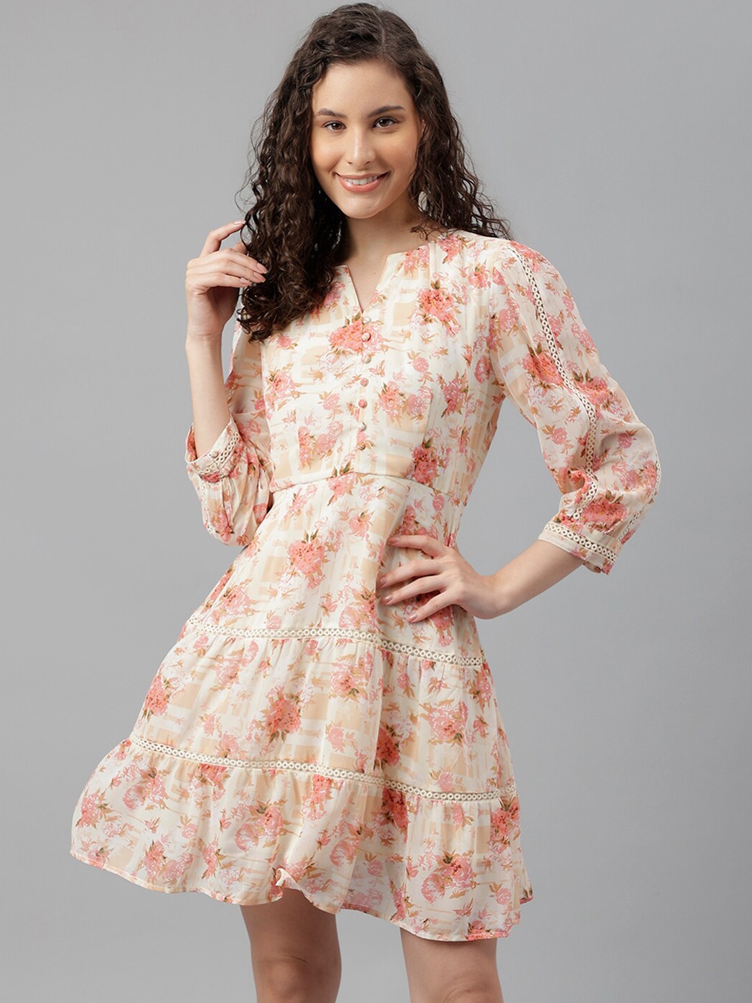 

Latin Quarters Floral Printed Fit & Flare Dress, Peach
